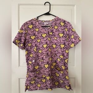Pink and Yellow Heart Patterned Scrub Top